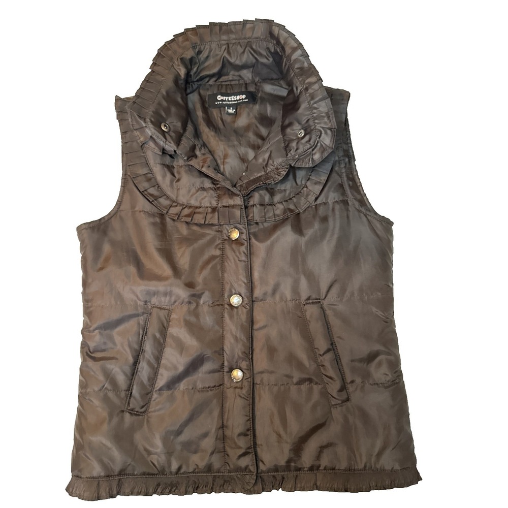 Coffee Shop NY Vest Quilted Women's Size Small Brown Ruffles Coquette Girl - Picture 3 of 14